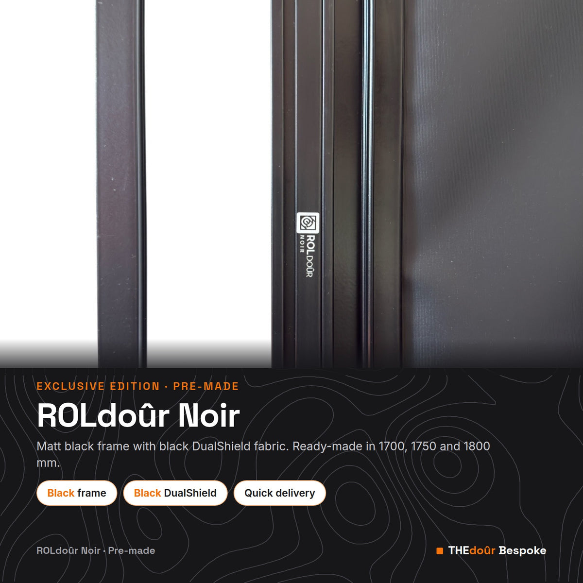 a black door with white text