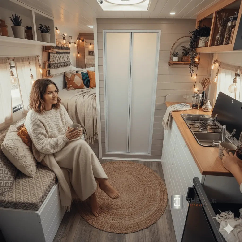 White FOLdoûr Bi Fold Accordion Aluminium Frame Frosted White Acrylic Shower Screen Door Designed for a Campervan FOLdoûr