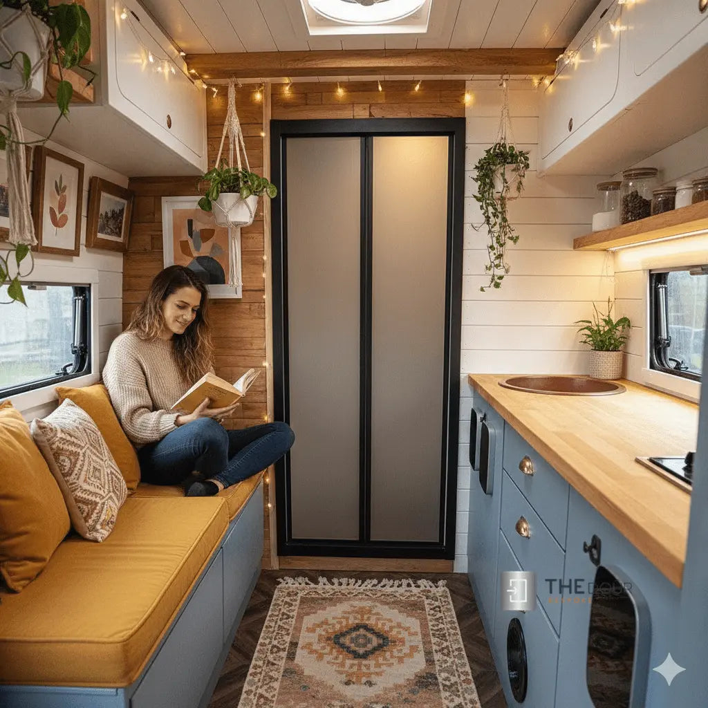FOLdoûr Bi Fold Accordion Aluminium Frame Frosted Acrylic Shower Screen Door Designed for a Campervan FOLdoûr