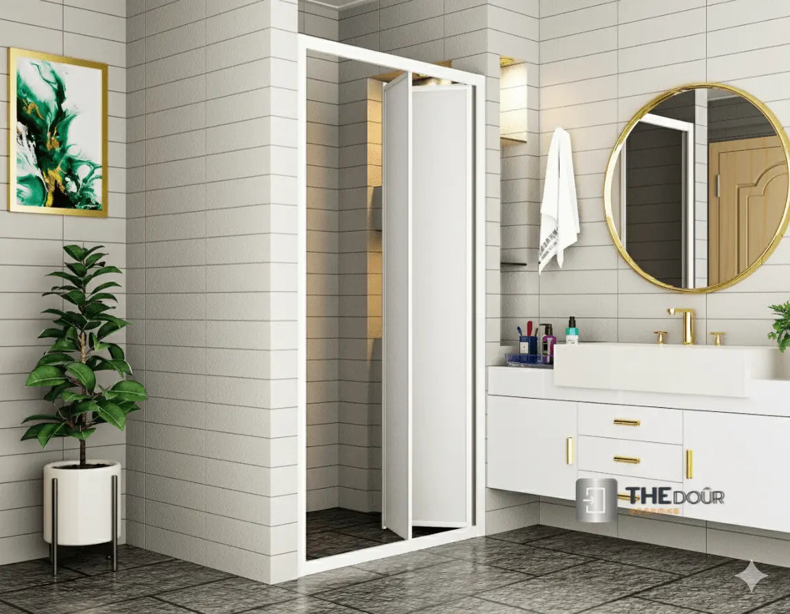 White FOLdoûr Bi Fold Accordion Aluminium Frame Frosted White Acrylic Shower Screen Door Designed for a Campervan FOLdoûr