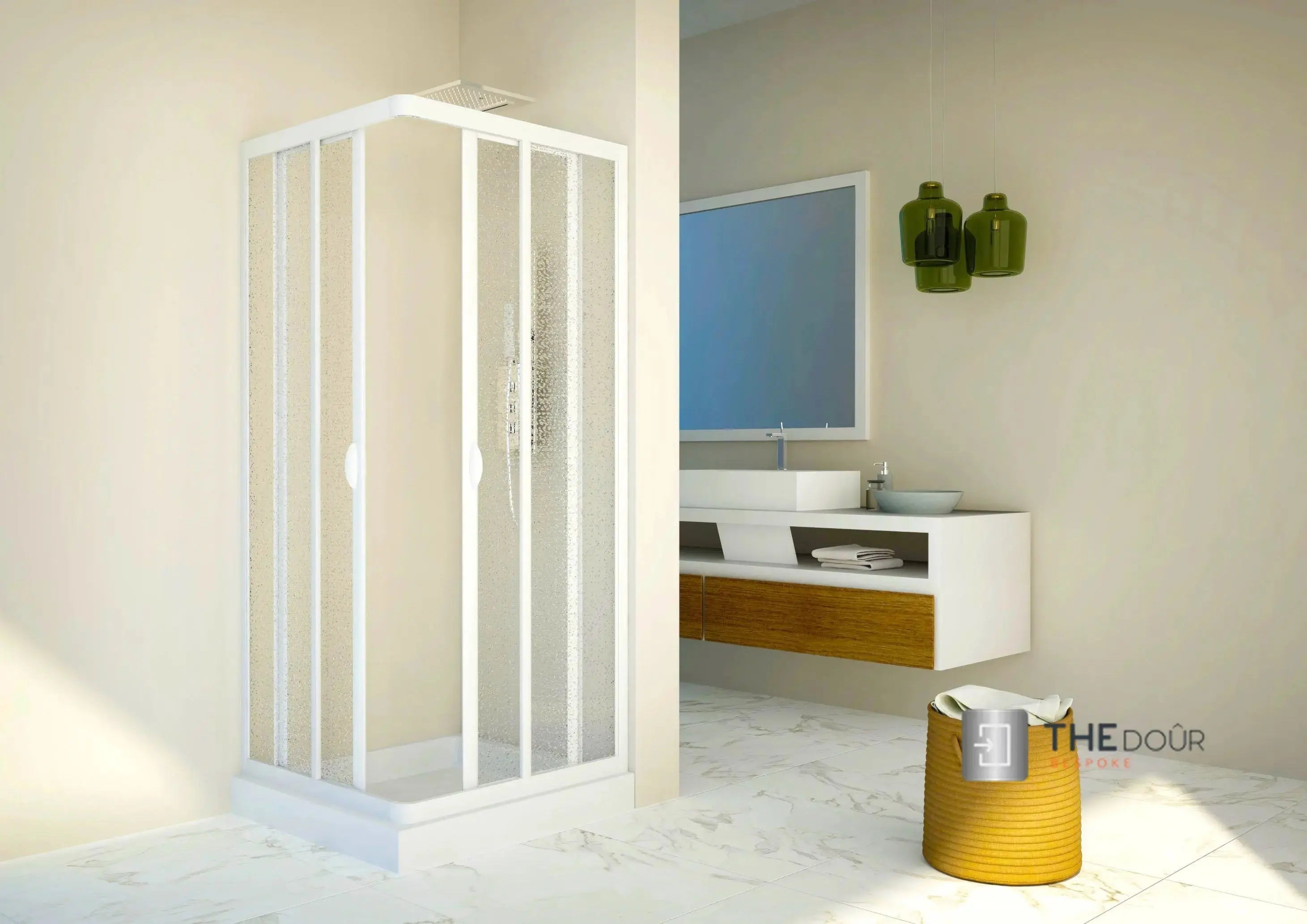 SAFEdour (ZERO Glass) Safe Double Sliding Corner Shower Enclosure for Homes, Public Spaces, Campervans & Motorhomes THEdoûr Bespoke