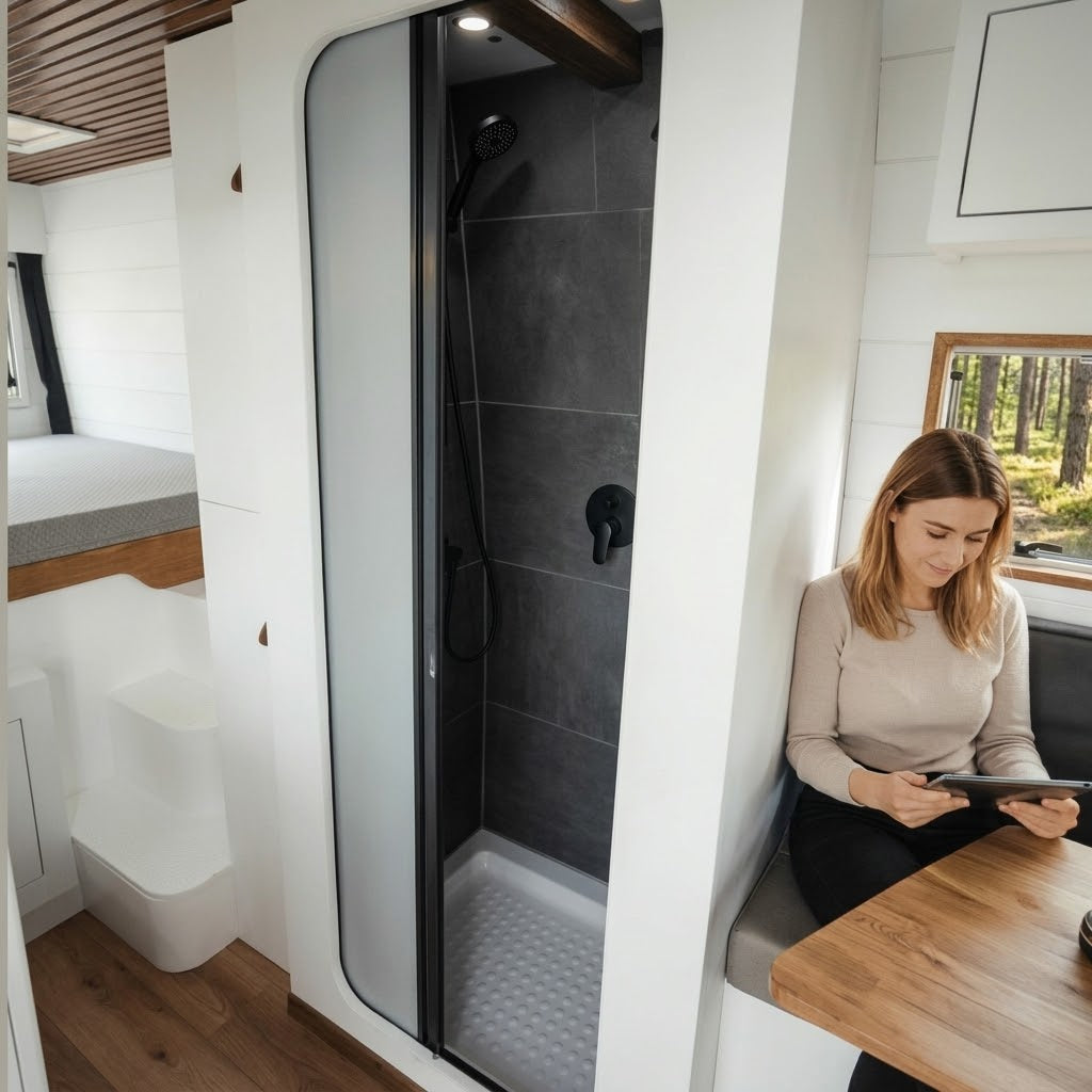 ROLdoûr retractable campervan shower door fitted in a van