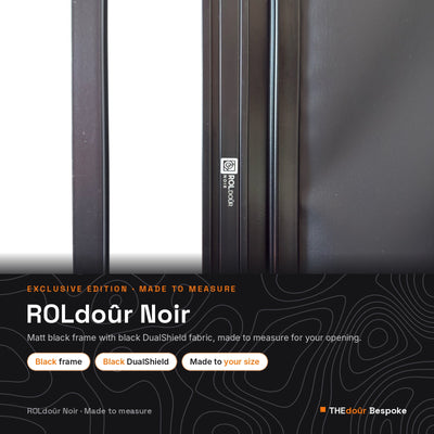 a black door with white text