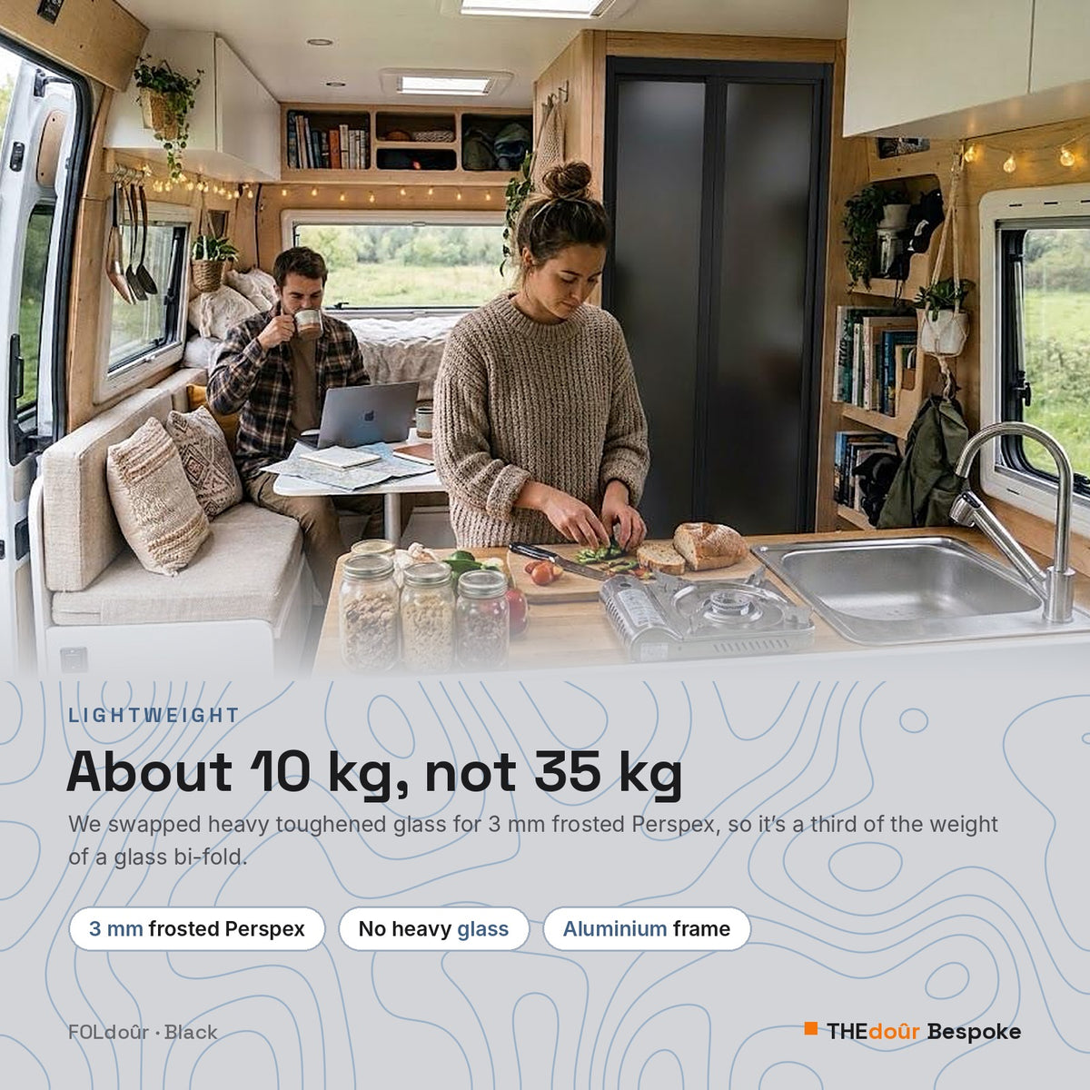 a woman cutting food in a van
