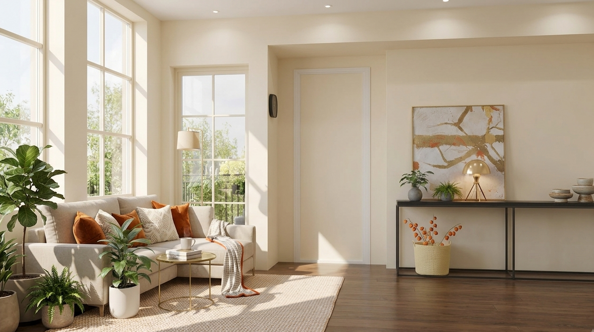 Bright home living room with a white space-saving retractable door