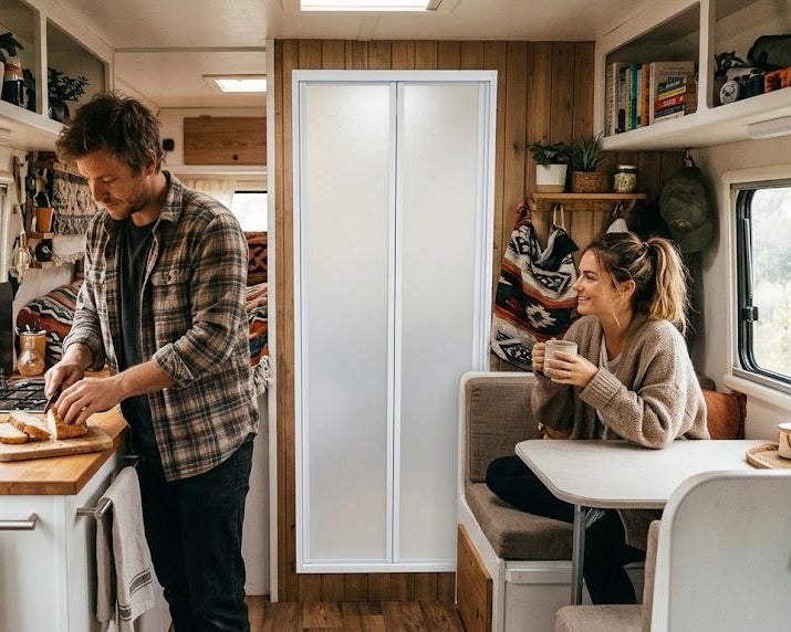 a man and woman cooking in a camper