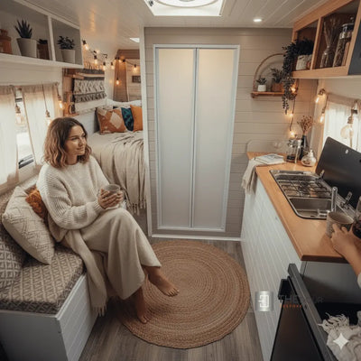 White FOLdoûr Bi Fold Accordion Aluminium Frame Frosted White Acrylic Shower Screen Door Designed for a Campervan FOLdoûr