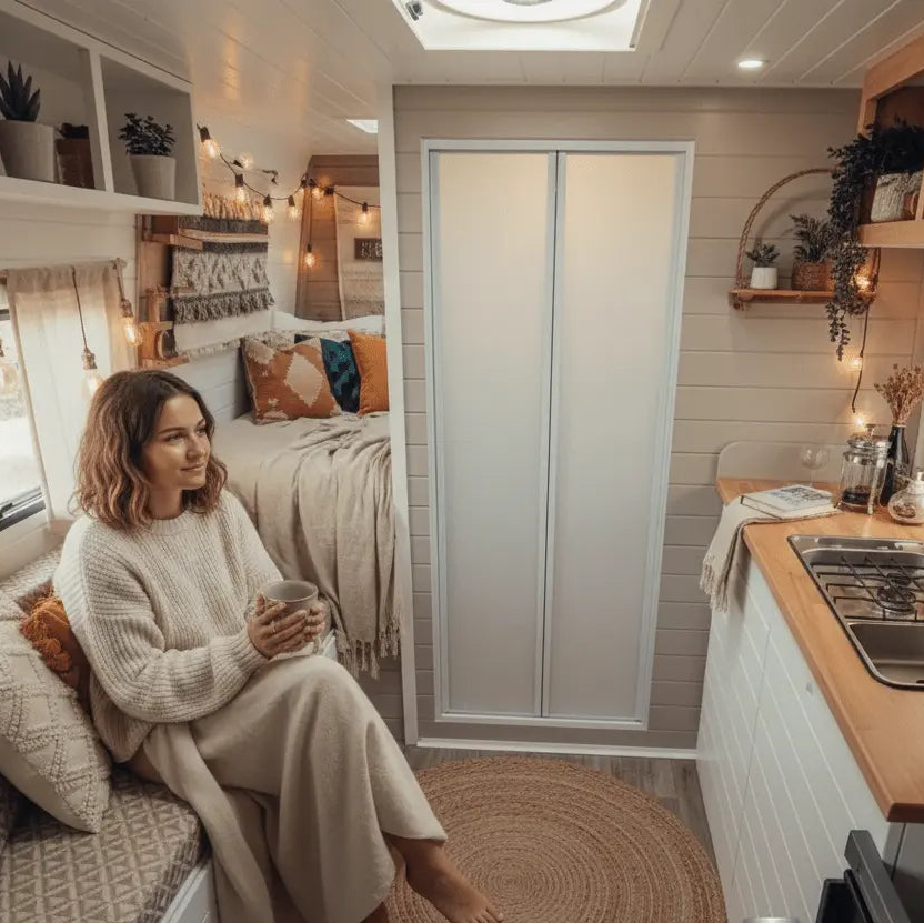 White FOLdoûr Bi Fold Accordion Aluminium Frame Frosted White Acrylic Shower Screen Door Designed for a Campervan FOLdoûr