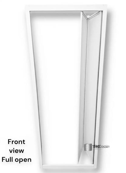 White FOLdoûr Bi Fold Accordion Aluminium Frame Frosted White Acrylic Shower Screen Door Designed for a Campervan FOLdoûr