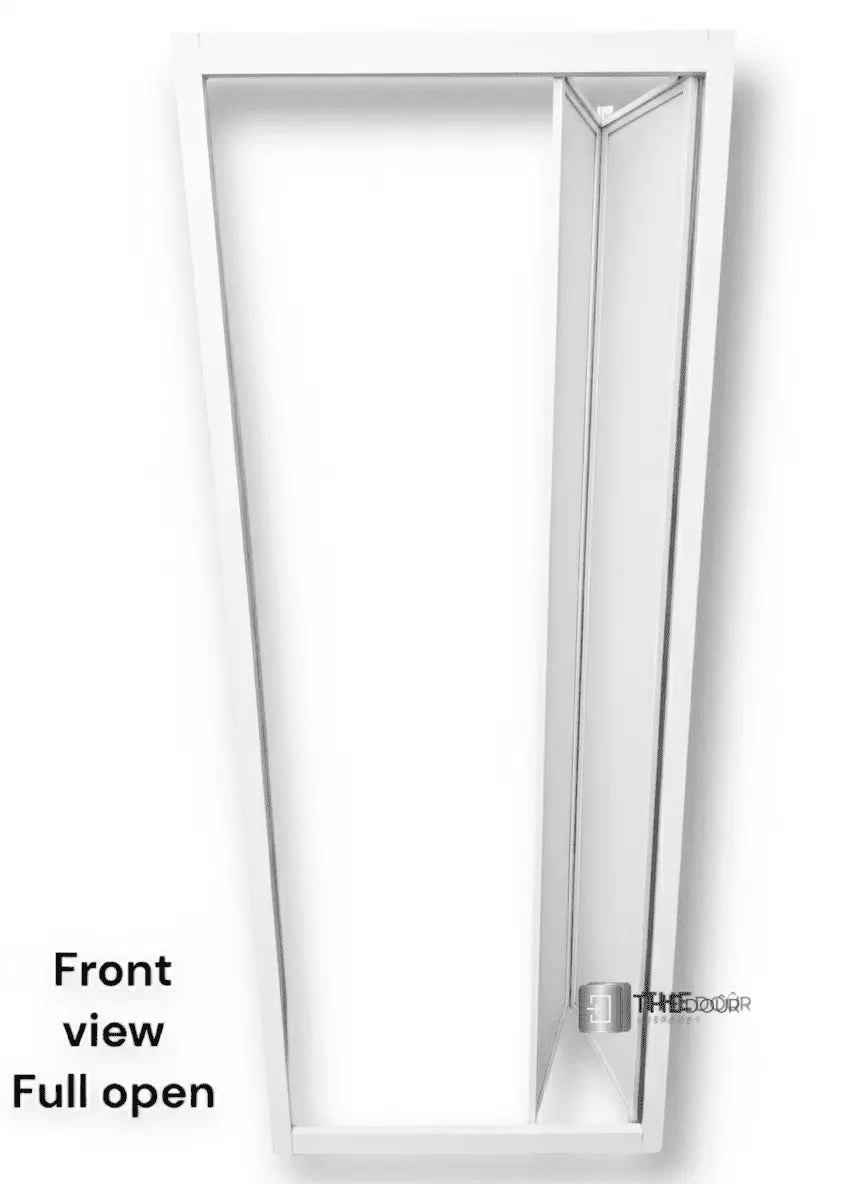 White FOLdoûr Bi Fold Accordion Aluminium Frame Frosted White Acrylic Shower Screen Door Designed for a Campervan FOLdoûr