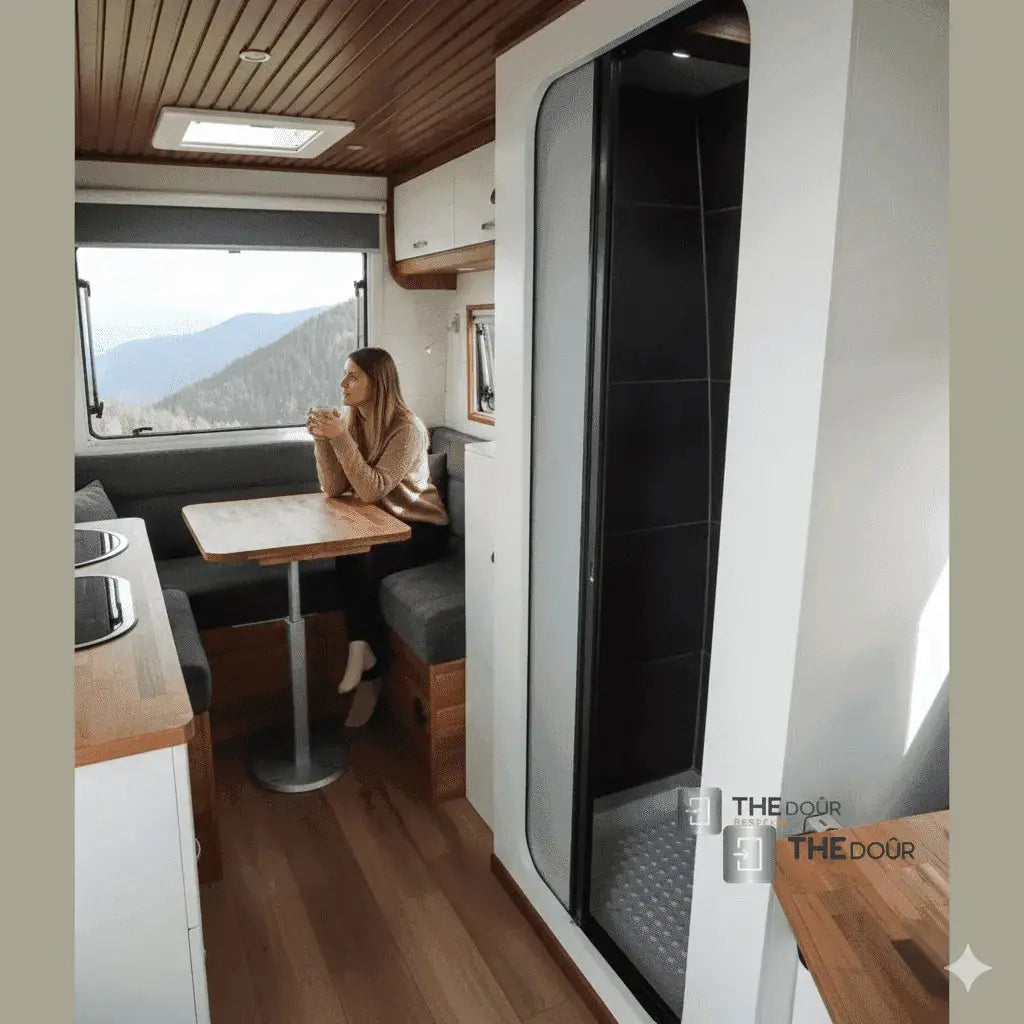 ROLdour Duschtür-Set, glänzend schwarz, einziehbar, wasserdicht, für Wohnmobile und Wohnmobile, Tambour-Alternative THEdoûr Bespoke