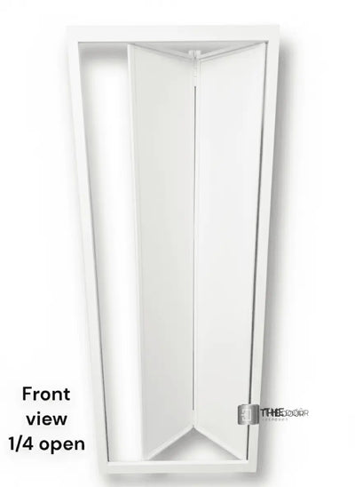 White FOLdoûr Bi Fold Accordion Aluminium Frame Frosted White Acrylic Shower Screen Door Designed for a Campervan FOLdoûr