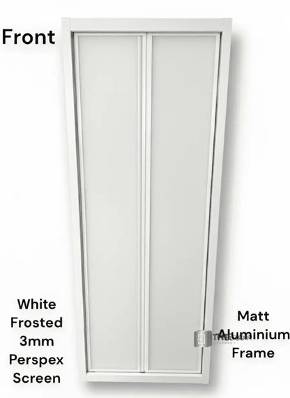 White FOLdoûr Bi Fold Accordion Aluminium Frame Frosted White Acrylic Shower Screen Door Designed for a Campervan FOLdoûr