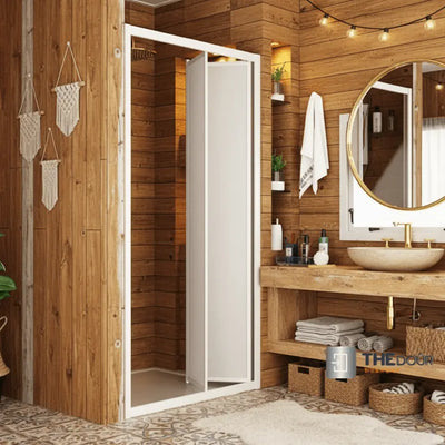 White FOLdoûr Bi Fold Accordion Aluminium Frame Frosted White Acrylic Shower Screen Door Designed for a Campervan FOLdoûr