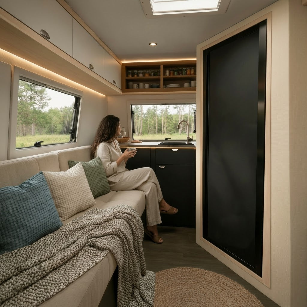 a woman sitting on a couch in a rv