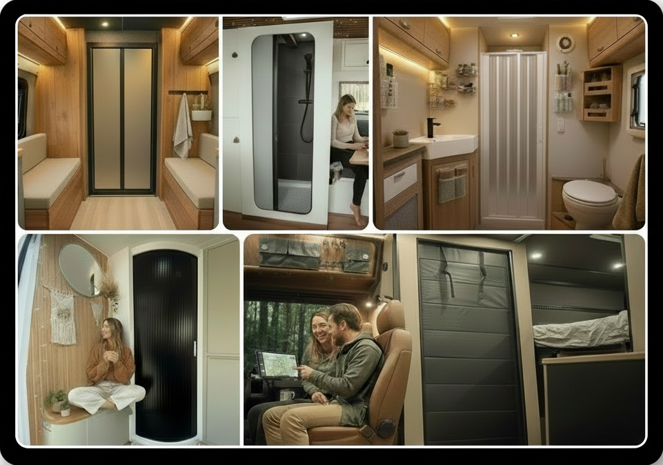 Collage of THEdoûr space-saving shower doors fitted in campervans and motorhomes