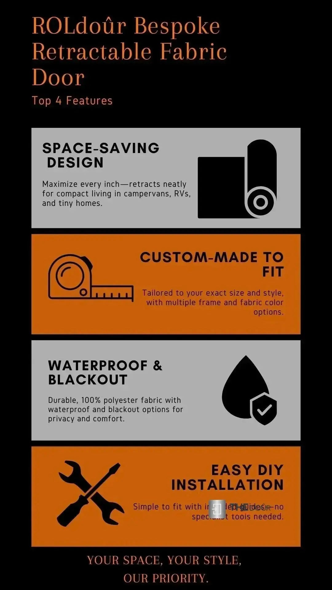 ROLdour Campervan / RV Shower Door PRE MADE 1800mm Tall x 1000mm Self Cut Width THEdoûr Bespoke