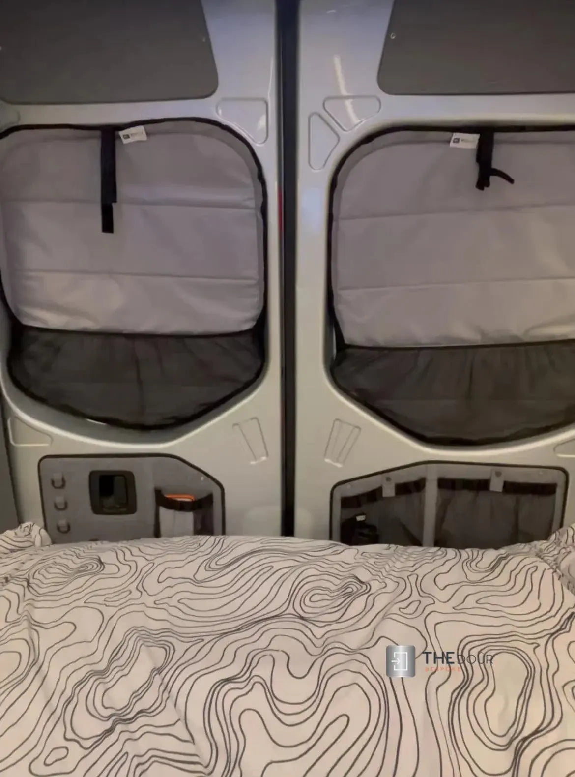 WINdoûr insulated￼ Blackout Covers with Large Net Storage Pocket. Window Covers for Sprinter Rear Doors THEdoûr Bespoke