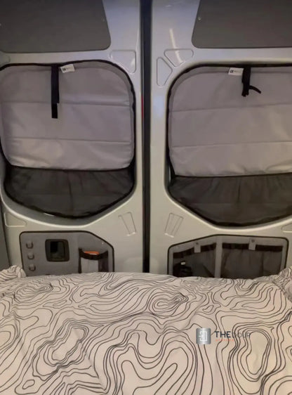 WINdoûr insulated￼ Blackout Covers with Large Net Storage Pocket. Window Covers for Sprinter Rear Doors THEdoûr Bespoke