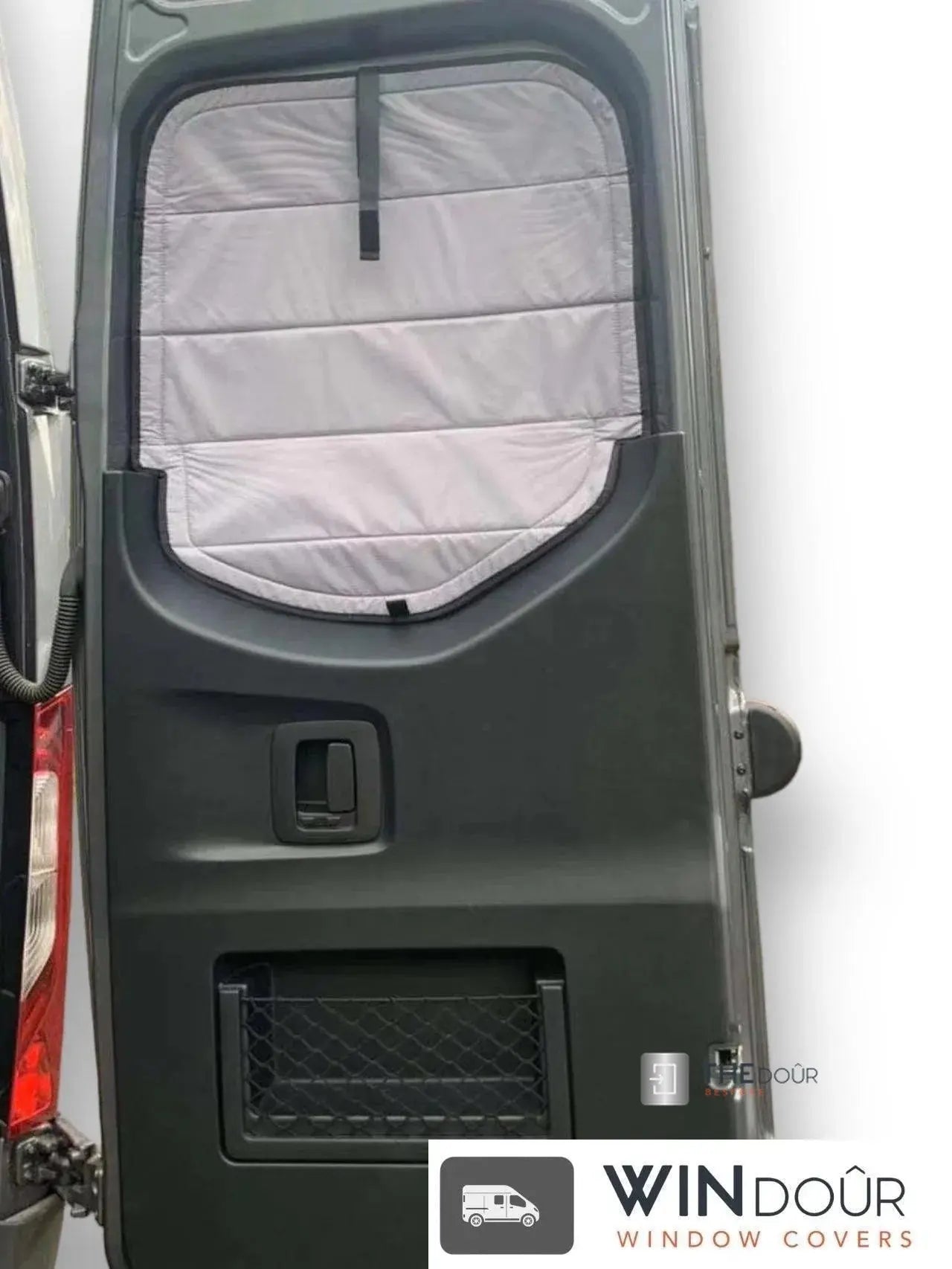 WINdoûr insulated￼ Blackout Covers with Large Net Storage Pocket. Window Covers for Sprinter Rear Doors THEdoûr Bespoke