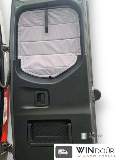 WINdoûr insulated￼ Blackout Covers with Large Net Storage Pocket. Window Covers for Sprinter Rear Doors THEdoûr Bespoke