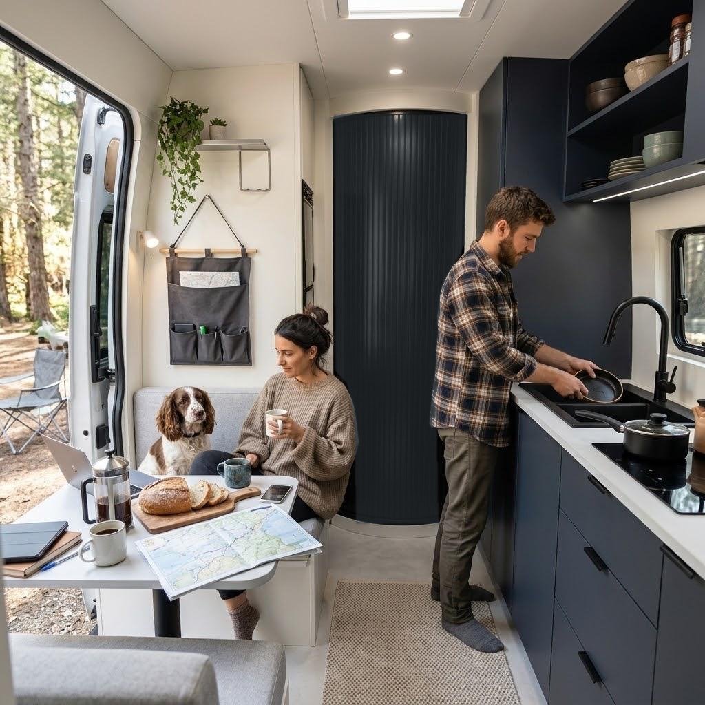 Couple and their spaniel relaxing in a campervan with a matt black TAMdoûr tambour shower door - THEdoûr Bespoke