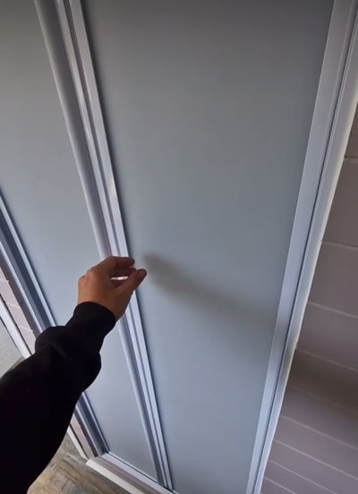 White FOLdoûr Bi Fold Aluminium Frame Frosted White Acrylic Shower Screen Door Designed for a Campervan