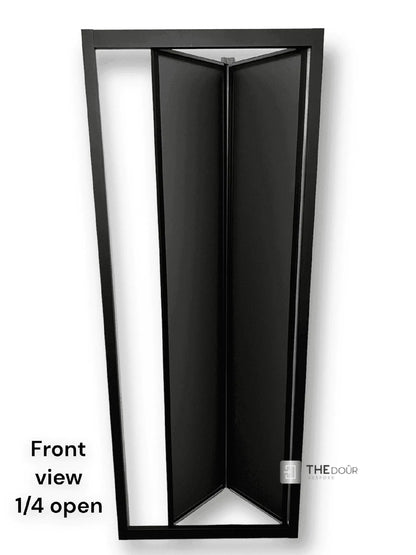 Black FOLdoûr Bi Fold Accordion Aluminium Frame Black Frosted Acrylic Shower Screen Door Designed for a Campervan - THEdoûr Bespoke 