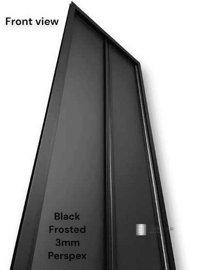 Black FOLdoûr Bi Fold Accordion Aluminium Frame Black Frosted Acrylic Shower Screen Door Designed for a Campervan - THEdoûr Bespoke 