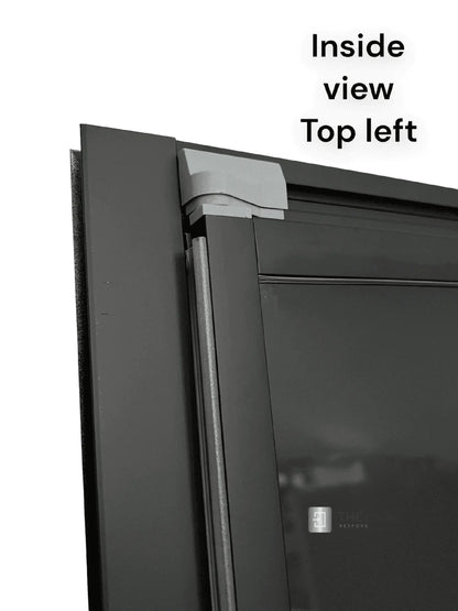 Black FOLdoûr Bi Fold Accordion Aluminium Frame Black Frosted Acrylic Shower Screen Door Designed for a Campervan - THEdoûr Bespoke 