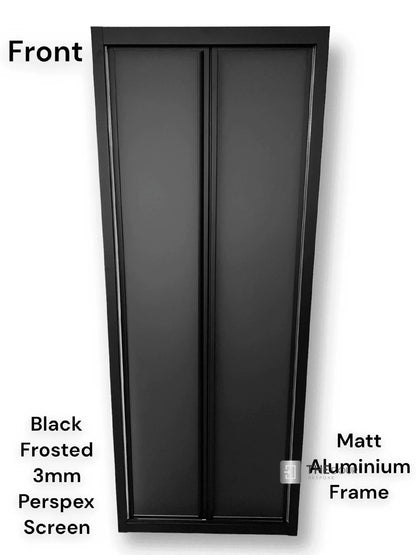 Black FOLdoûr Bi Fold Accordion Aluminium Frame Black Frosted Acrylic Shower Screen Door Designed for a Campervan - THEdoûr Bespoke 