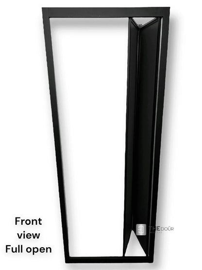 Black FOLdoûr Bi Fold Accordion Aluminium Frame Black Frosted Acrylic Shower Screen Door Designed for a Campervan - THEdoûr Bespoke 