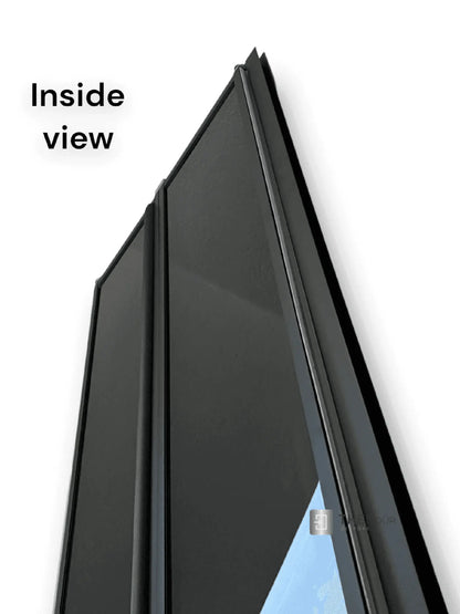 Black FOLdoûr Bi Fold Accordion Aluminium Frame Black Frosted Acrylic Shower Screen Door Designed for a Campervan - THEdoûr Bespoke 